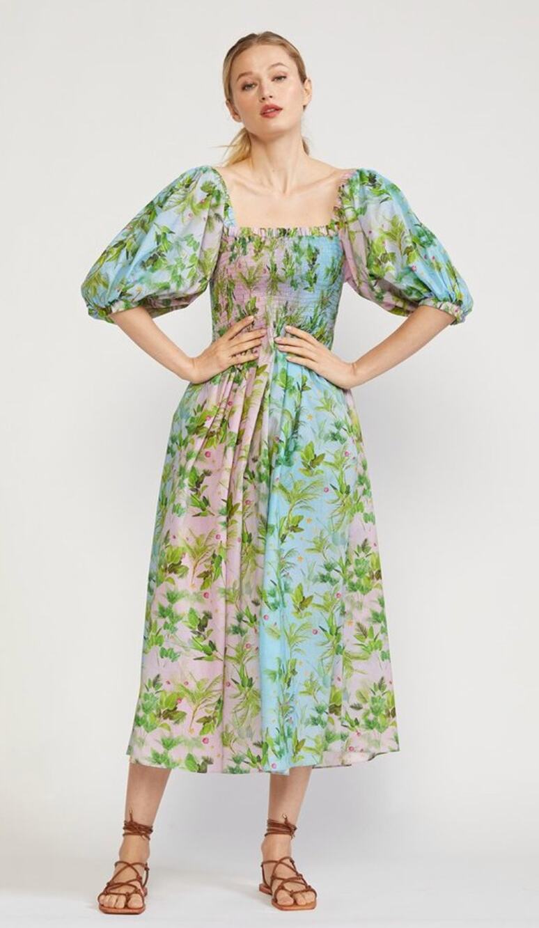Cynthia Rowley Alice Smocked Cotton Midi Dress Puff Sleeve Multi Leaf Palm Print